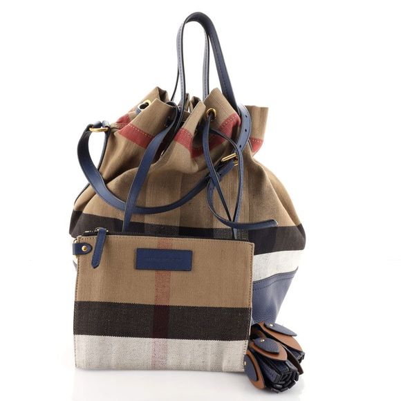 Burberry Heston Bucket Bag House Check Canvas with Leather Medium Blue, Print - Picture 2 of 8